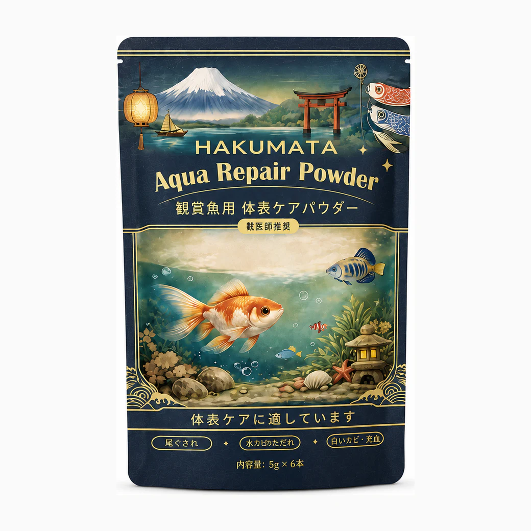 HAKUMATA Aqua Repair Powder pouch for ornamental fish, containing six individually packed 5 g sachets